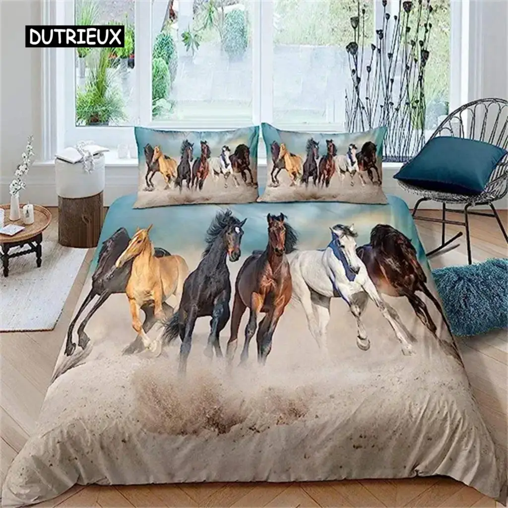 Black Horse Kids Boys Galloping Duvet Cover 3D Farm Animals Comforter Cover for Teens Adult Rustic Country Style Farmhouse Decor