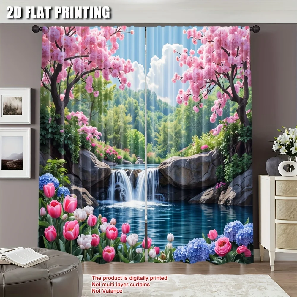 Floral Mountain Stream Window Curtain 2 Panels,Pink Cherry Tree Tulip Waterfall Lake Print Soft Fresh Tone Bedroom Decor Curtain