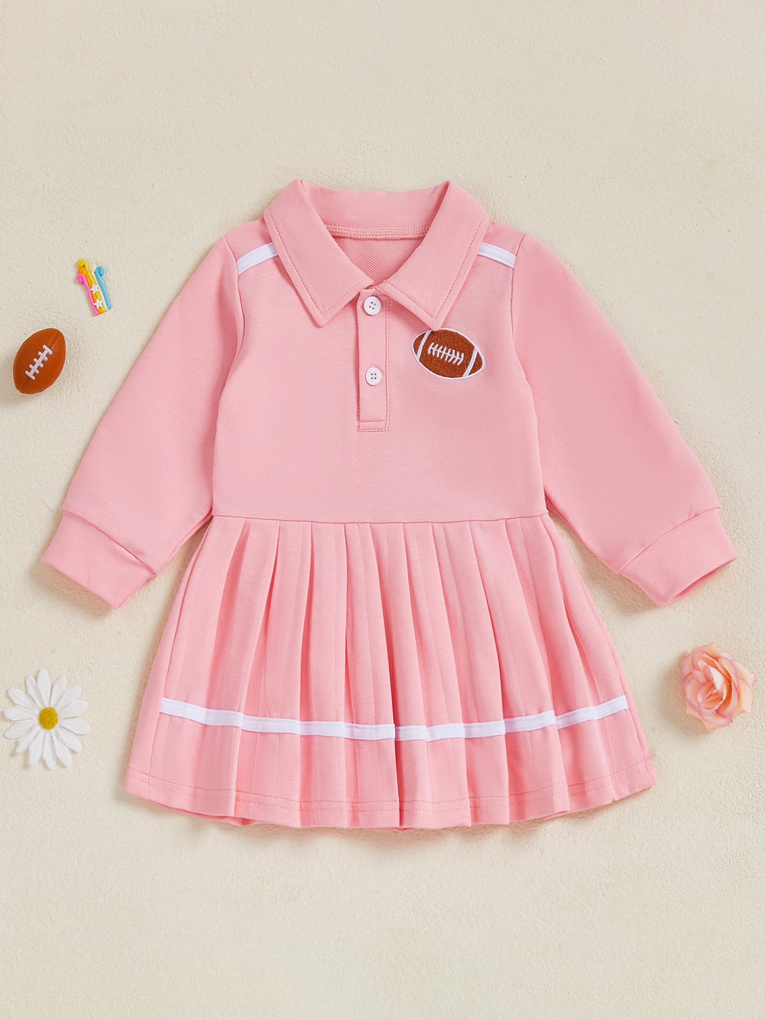 

Infant Girls Autumn Stylish Rugby Embroidery Lapel Long Sleeve Pleated Dress with Floral Accents and Bow Detail