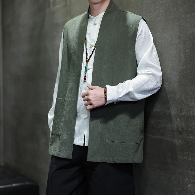 

2025 Men Chinese Style Linen Vest Summer Men Sleeveless Cardigan Tang Costume Back Vest Male Open Stitch Shirt Top Home Clothes