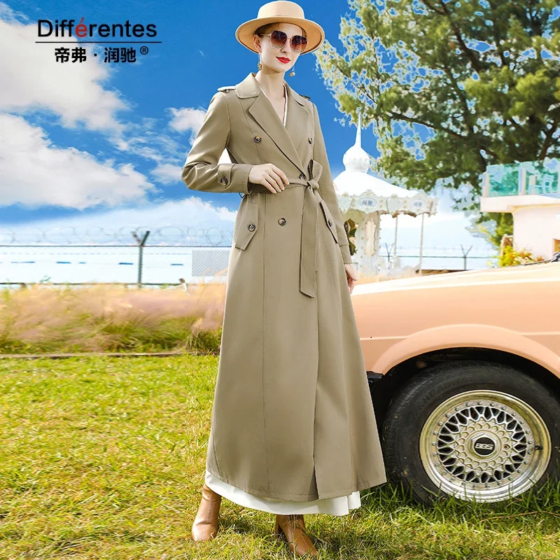 

Autumn Trench Coat for Office Lady Double Breasted Jackets Korean Fashion Long Khaki Coat for Women Turn-down Collar Outwear