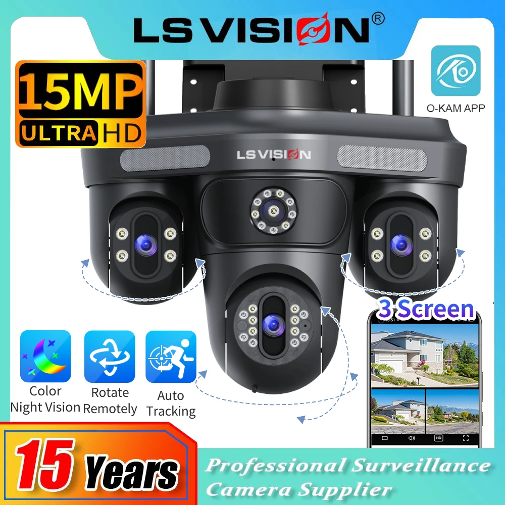 

LS VISION 15MP трехэкранная Wi-Fi IP-камера Беспроводная уличная камера с тремя объективами PTZ Водонепроницаемая камера наблюдения с автоматическим отслеживанием человека