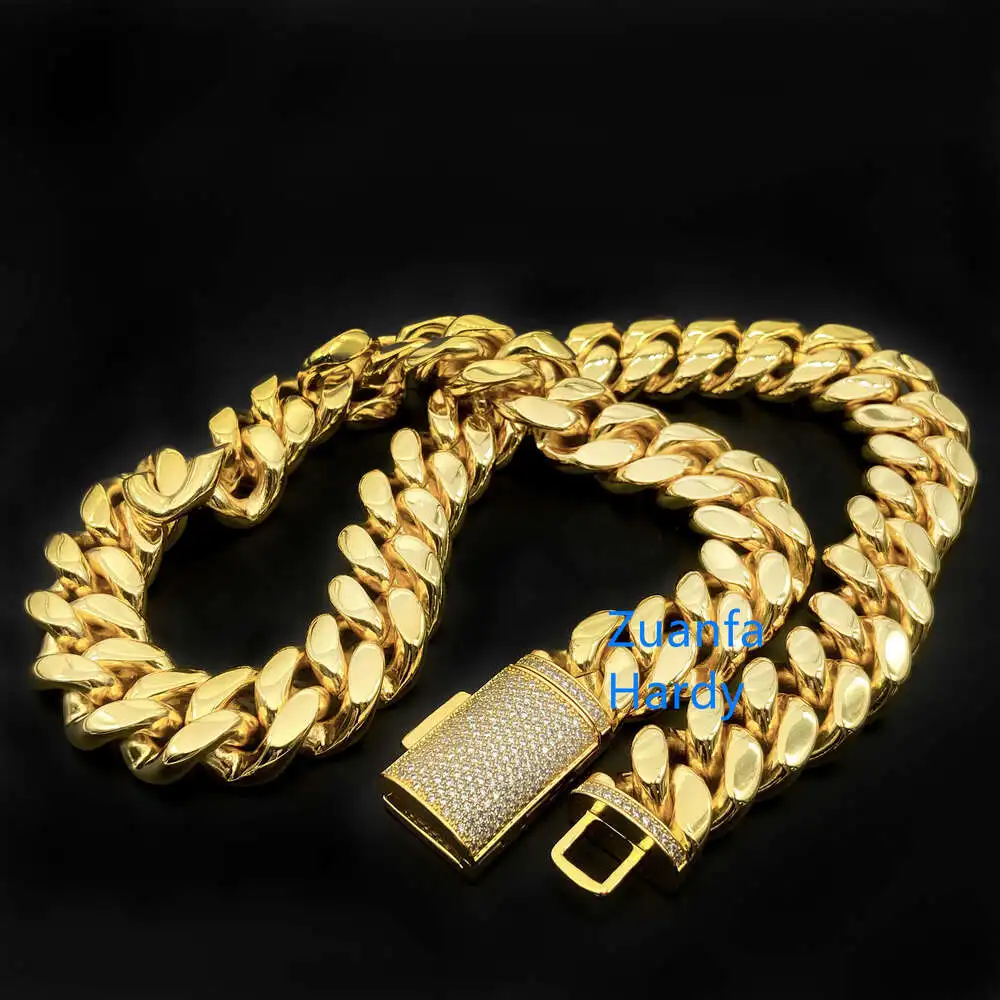 8mm 10mm 12mm 14mm Stainless Steel Moissanite Diamond Iced Out Clasp Gold Plated Plain Cuban Chain