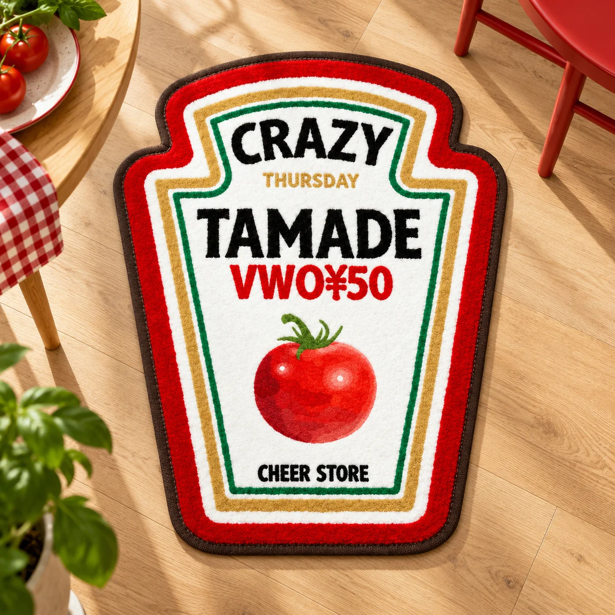 Funny Tomato Label Shaped Area Rug, Ketchup Indoor Irregular Flannel Door Mat for Kitchen Dining Room Coffee Home Decor Gift
