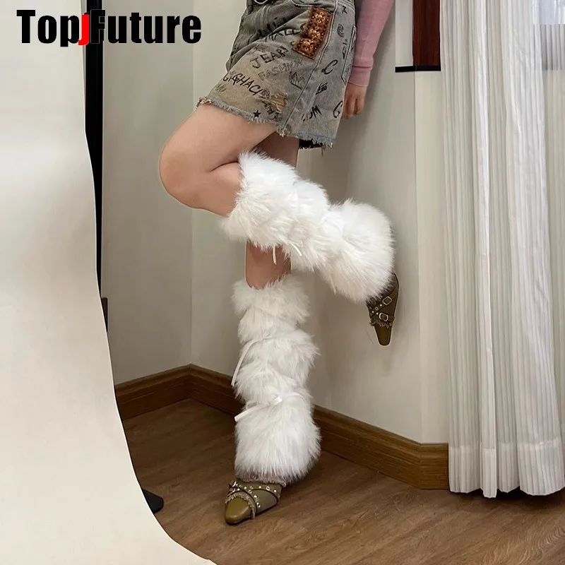 

Women unique Harajuku Punk gothic Lolita Y2K Girl streetwear Leg Warmer Winter Warmer furry lace up Stockings steam Leg warmers