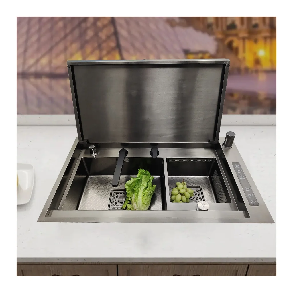 

Intelligent Ultrasonic Cleaner Catalyst Fruit Dish Washer Waterfall Faucet Black Honeycombing Brushed Surface Kitchen Sink