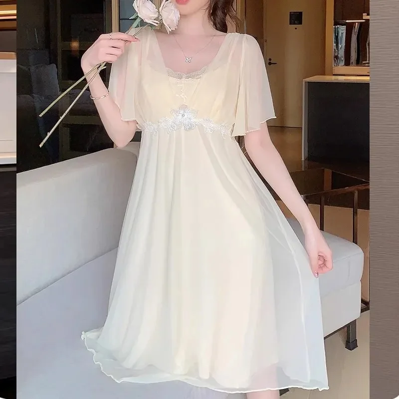 Princess Sleepwear Nightwear Summer Solid Color Short Sleeve Night Dress Women Lace Round Neck Nightdress Fairy Mesh Nightgown