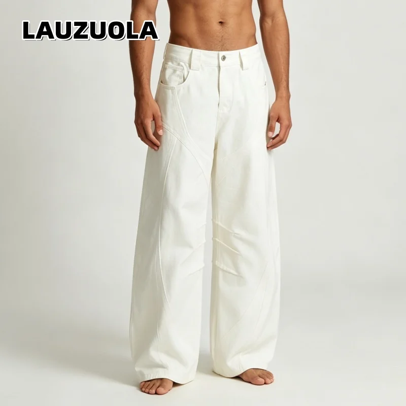 

Men's White Curved Seam Wide Leg Jeans Baggy Oversized Streetwear Denim Pants Casual Loose Trousers for Men
