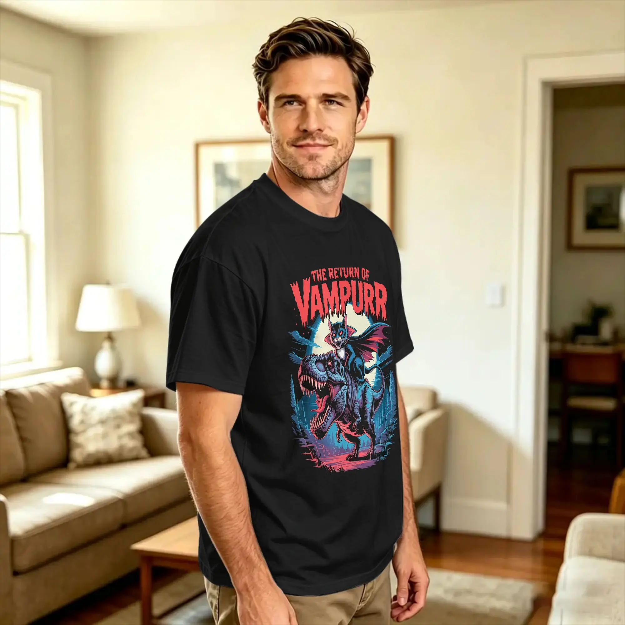 Vintage T-Shirt Beach The Return of Vampurr Funny Dinosaur Cat Halloween Popular T-Shirts  100% Cotton Tee Shirt for Men