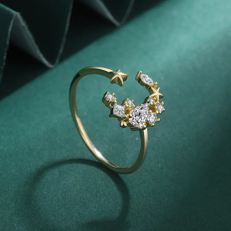 

Кольцо из стерлингового серебра 925 пробы со звездой и луной для женщин, минималистичное кольцо в японском стиле с фианитом, модные модные украшения