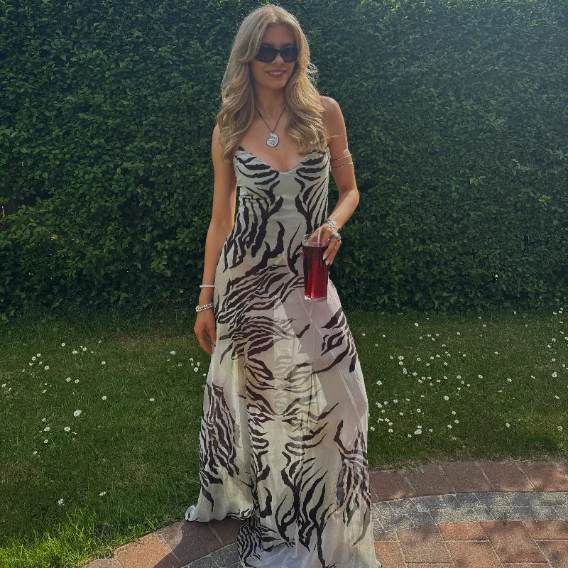 Sexy Trendy Women\'s Long Dress V-neck Spaghetti Strap Zebra Print Slim Vacation Party Casual Skirt 2026 NEW Summer Lady Vestido