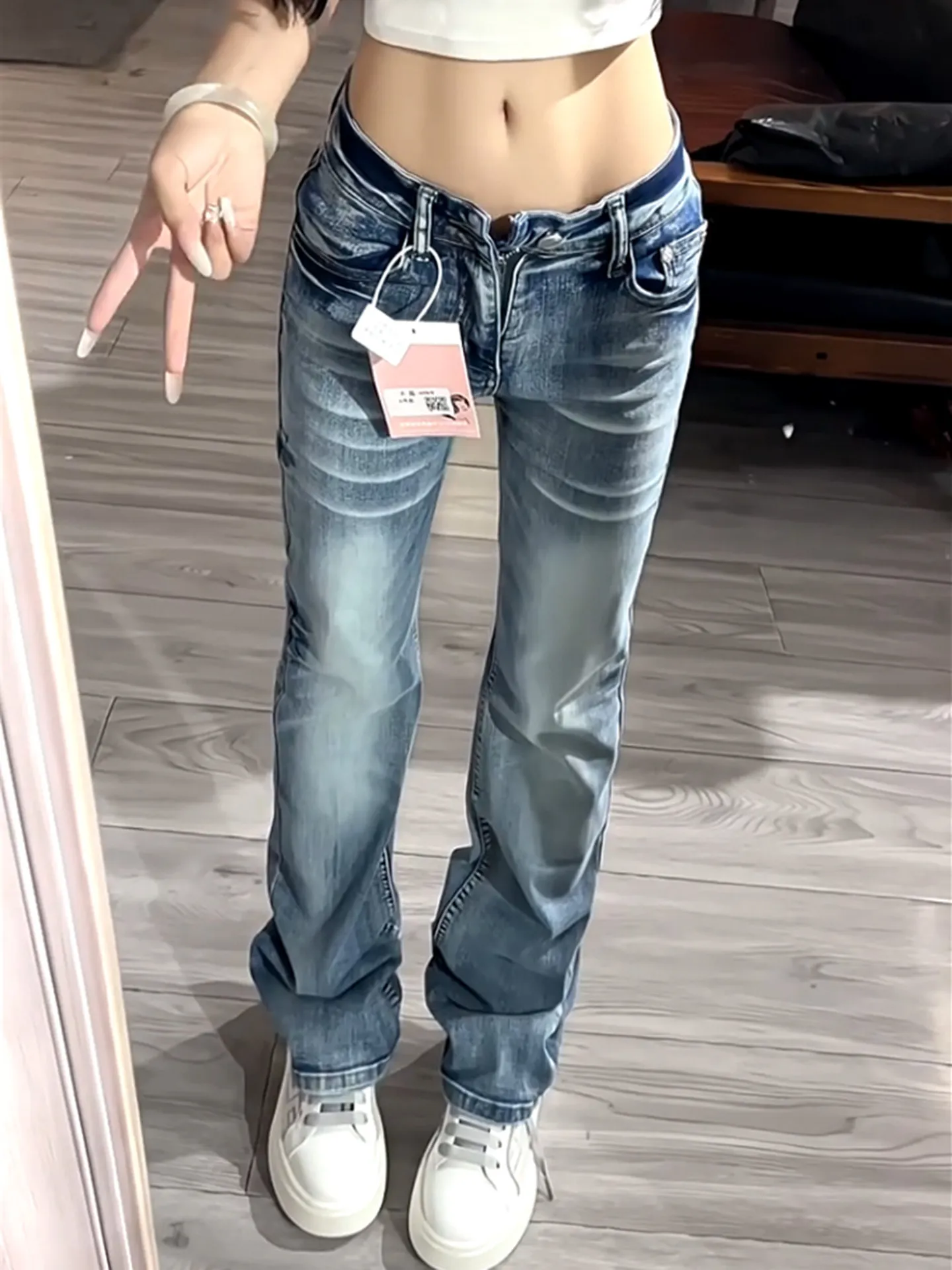 

Low Waist Flared Jeans Women's Spring Autumn Slim Fit Straight Leg Denim Pants Casual Style Cotton Elastic Narrow Version