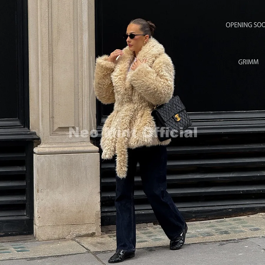 Neo Mint Winter 2026 Long Belted Wrap Fur Jacket Women Street Fashion Girls Shawl Collar Faux Lamb Fur Robe Coat Fuzzy Outerwear