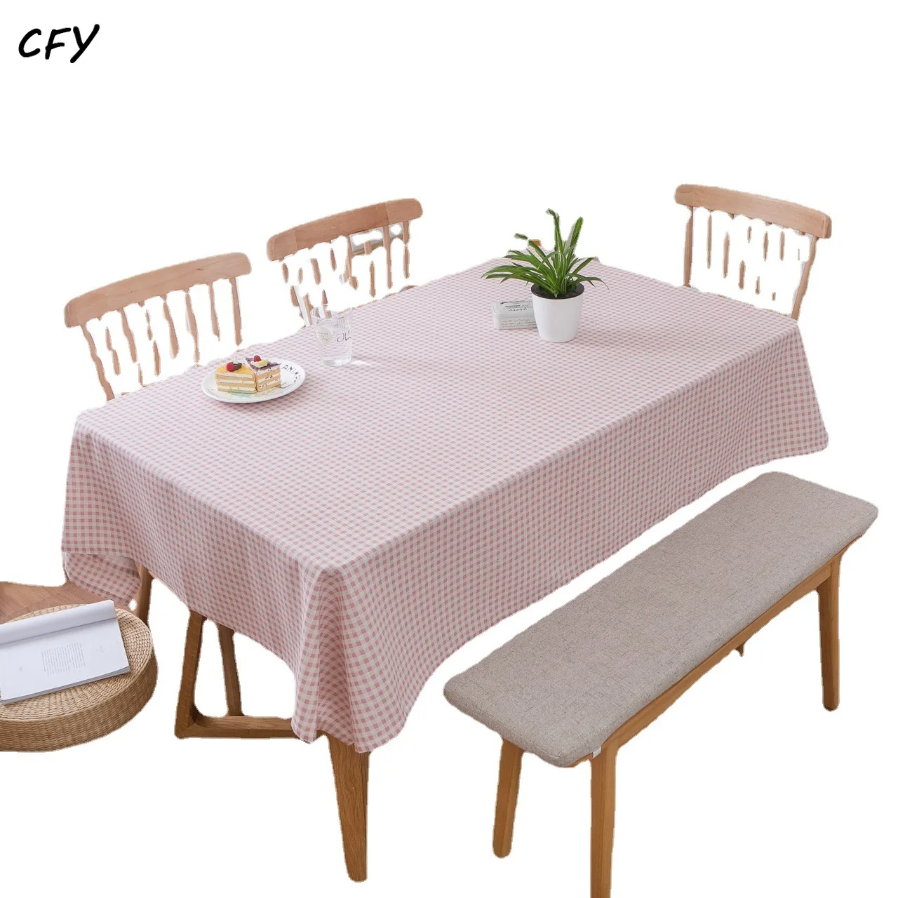 Cotton and Linen Pink Checkered Pastoral Style Rectangular Tablecloth Tea Table Pad Meal Cloth Photo Background Cloth