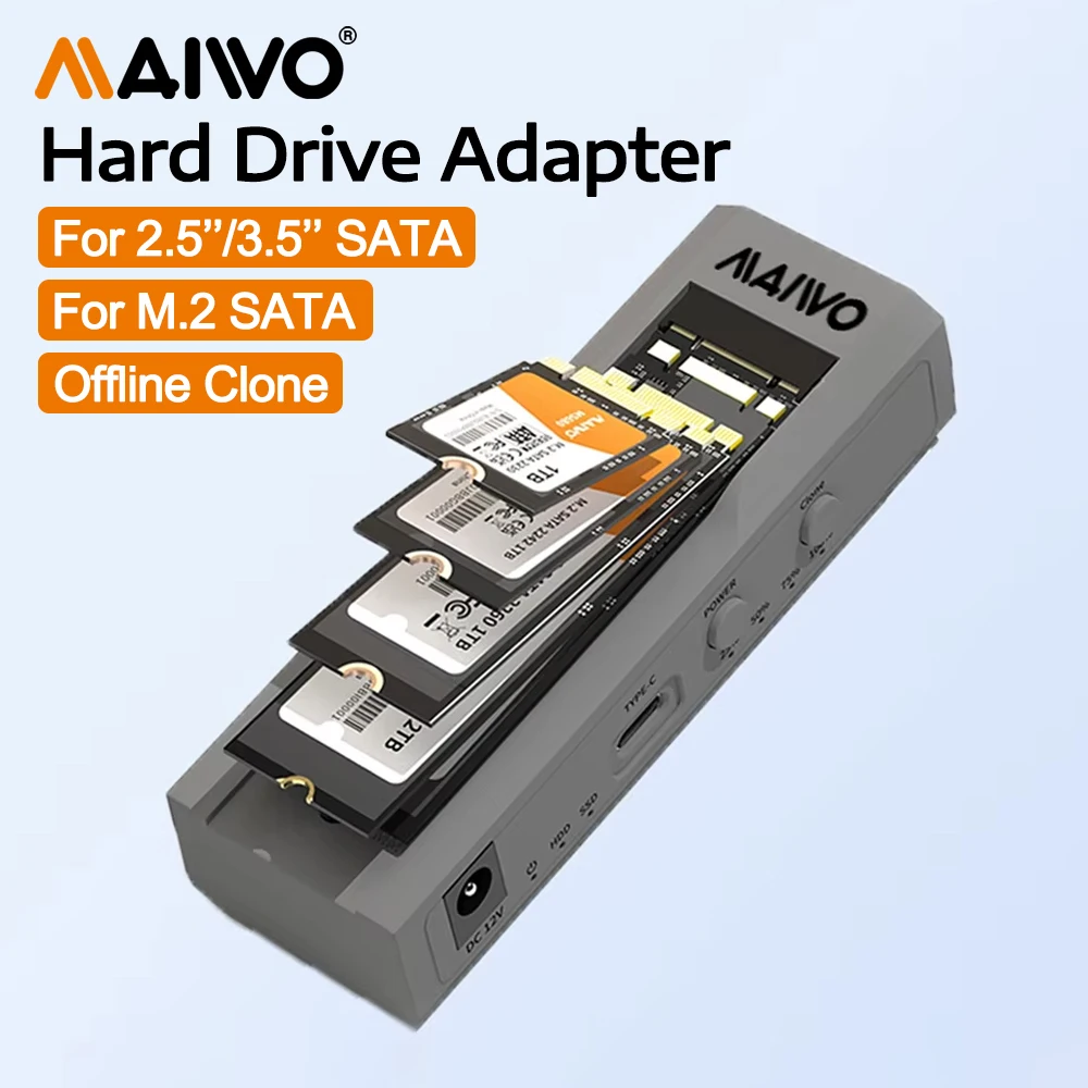 

MAIWO M.2 SATA SSD Case 2.5 3.5 Inch SATA HDD Enclosure 5Gbps Type-C Dual Bay External Storage HDD Adapter Support Offline Clone