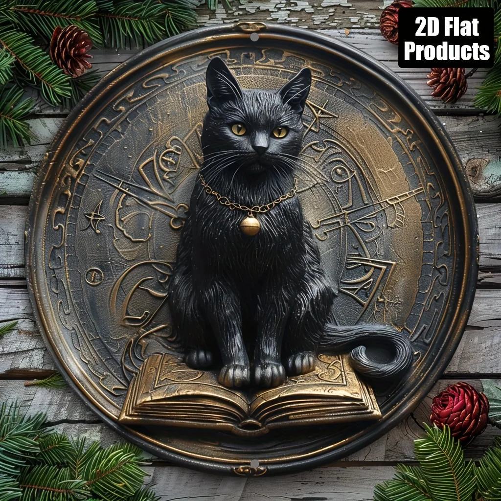 2D Flat - [Enable ] 1pc, 2Dflat, for Decoration Solely, 2D Flat - 1pc Vintage Black Cat And Book Wall Art - 8.0X8.0 inch Round D