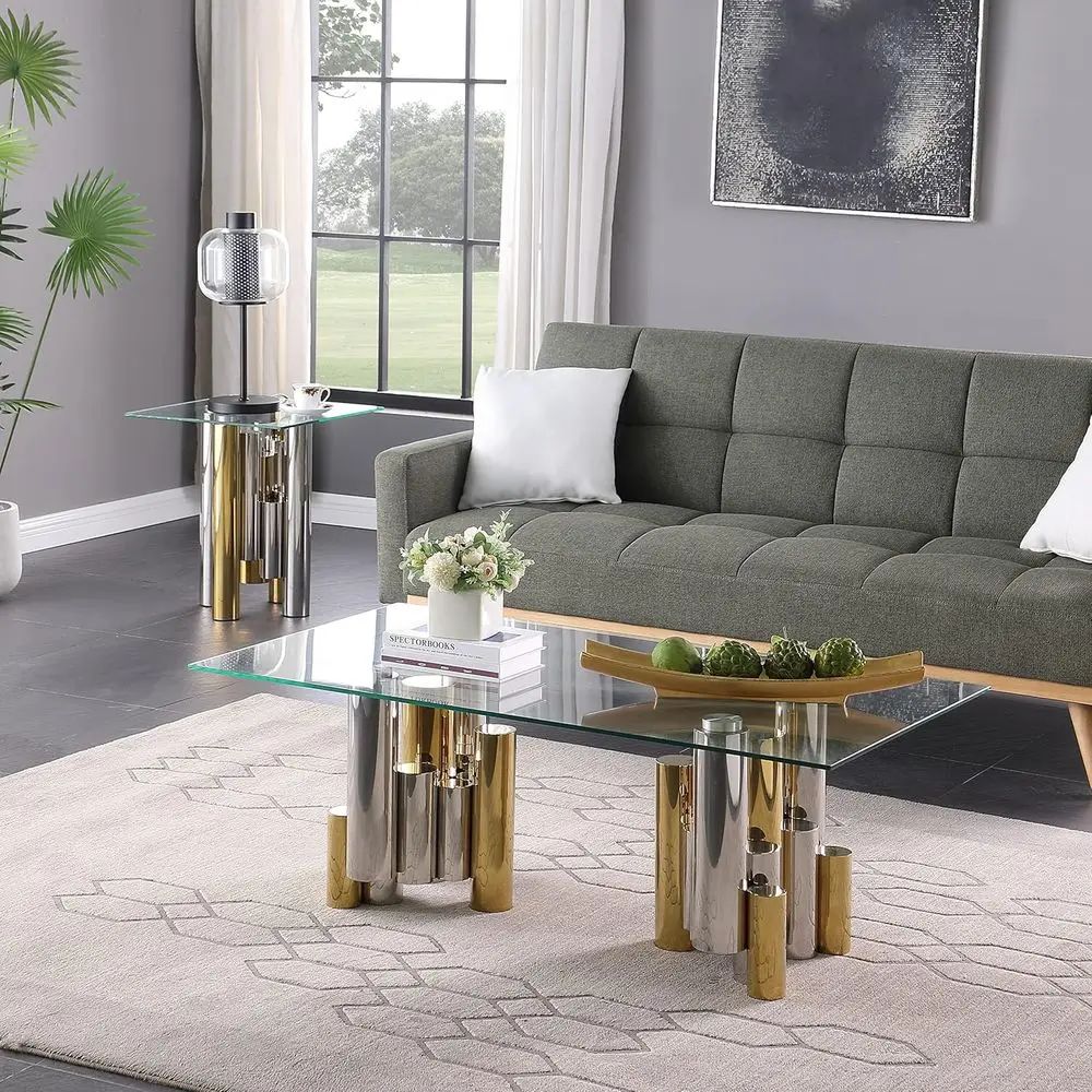 Modern 48 Rectangular Clear Glass Coffee Table with Gold Stainless Steel Frame for Living Room