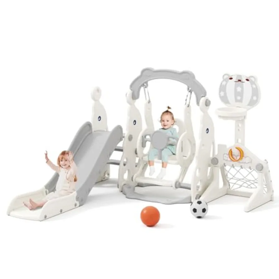 

6 in 1 Toddler Outdoor Playset Grey Slide and Swing Set for Toddlers 1-3 Years Old Indoor Playground Climber with Basketball Ho
