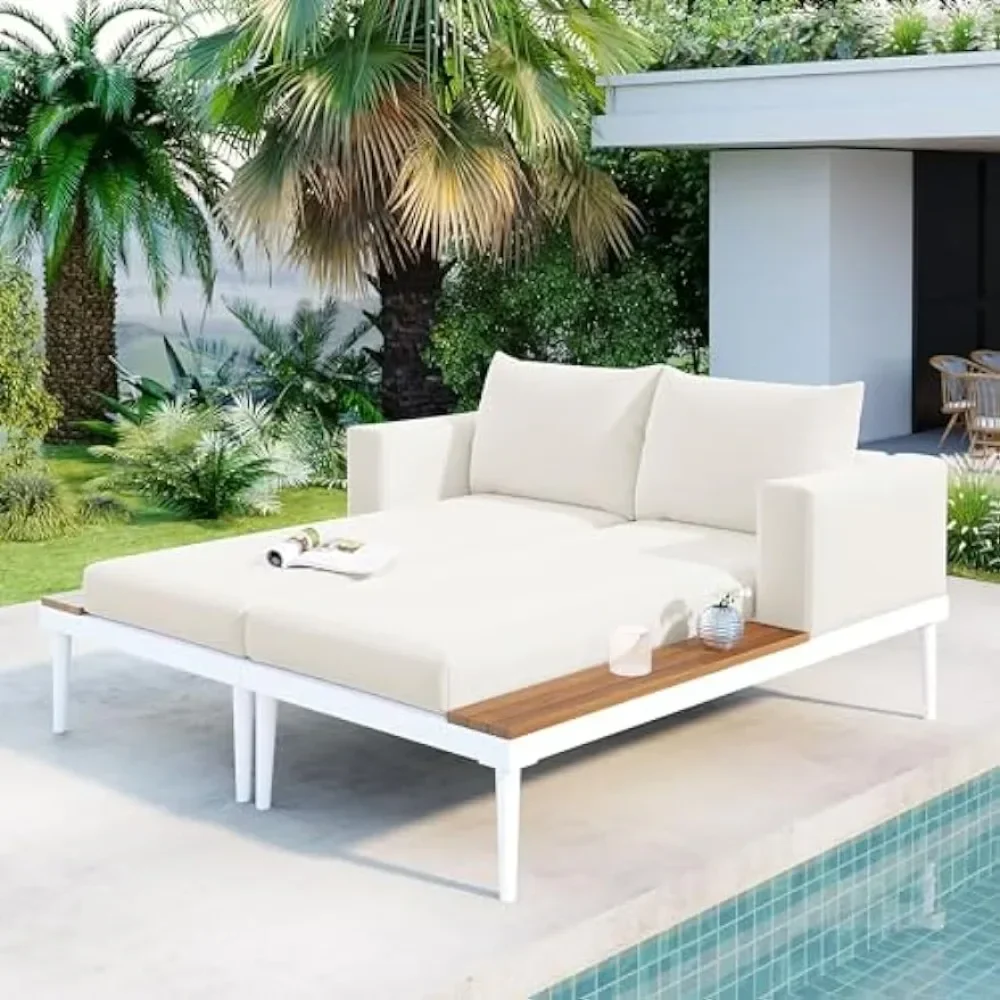 

Outdoor Metal Daybed Chaise Lounge Set of 2 with Cushion & Wood Topped Side Spaces, for Patio Lawn Garden Backyard Poolside