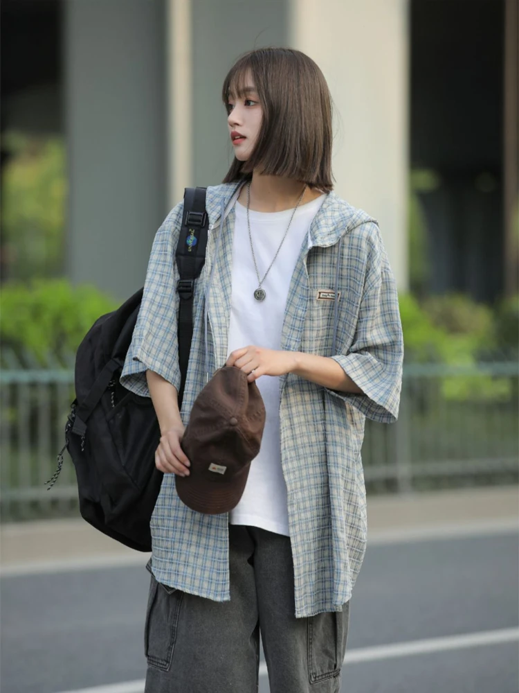 Hooded Shirts Women Plaid Loose Cozy Half Sleeve Youthful Vitality Simple Daily Slouchy Leisure Hipster Japanese Style Classic