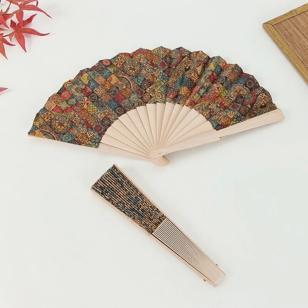 Vintage Bohemian Style Cork Folding Fan Props Home Decor Hand Held Fan Graft Gift Wooden Folding Fan