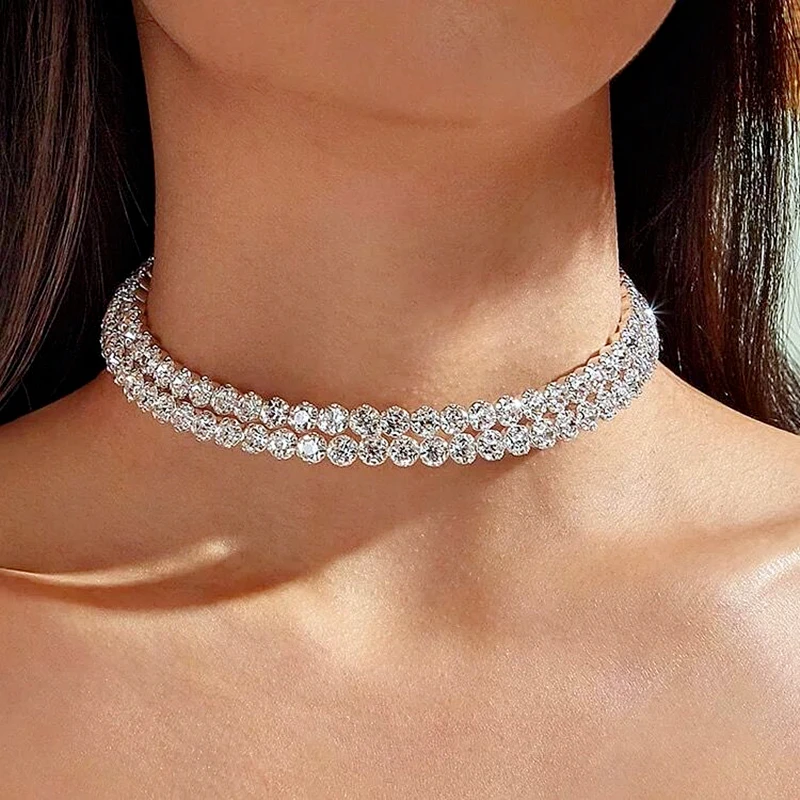 Classic Rhinestone Crystal Choker Necklace Earrings and Bracelet Set for Women Silver Color Bridal Wedding Party Jewelry Sets