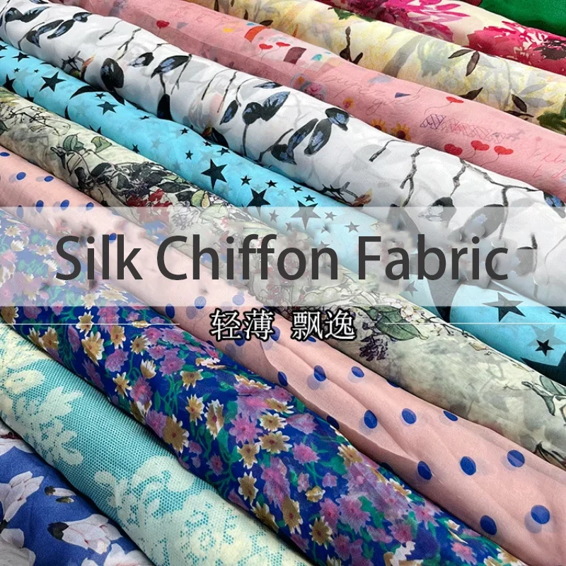 Silk Chiffon Fabric by the Yard, 100% Mulberry Silk, Skin Friendly, Soft Transparent Fabric for Sewing, DIY Digital Printed