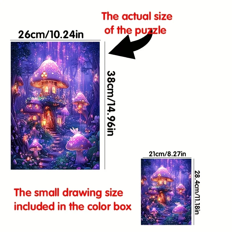 1000 قطعة من أحجية الغابة المسحورة الصغيرة - مشهد قرية الفطر السحري مع أضواء خرافية، 38.0 × 26.01 سم، صعوبة متوسطة