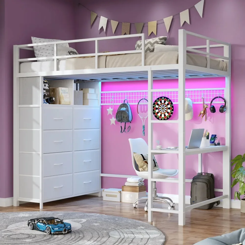 

Modern Twin Size Loft Bed with Desk and 8 Drawers and Charging Station, Metal Loft Bed Twin with LED Lights, Storage Shelves