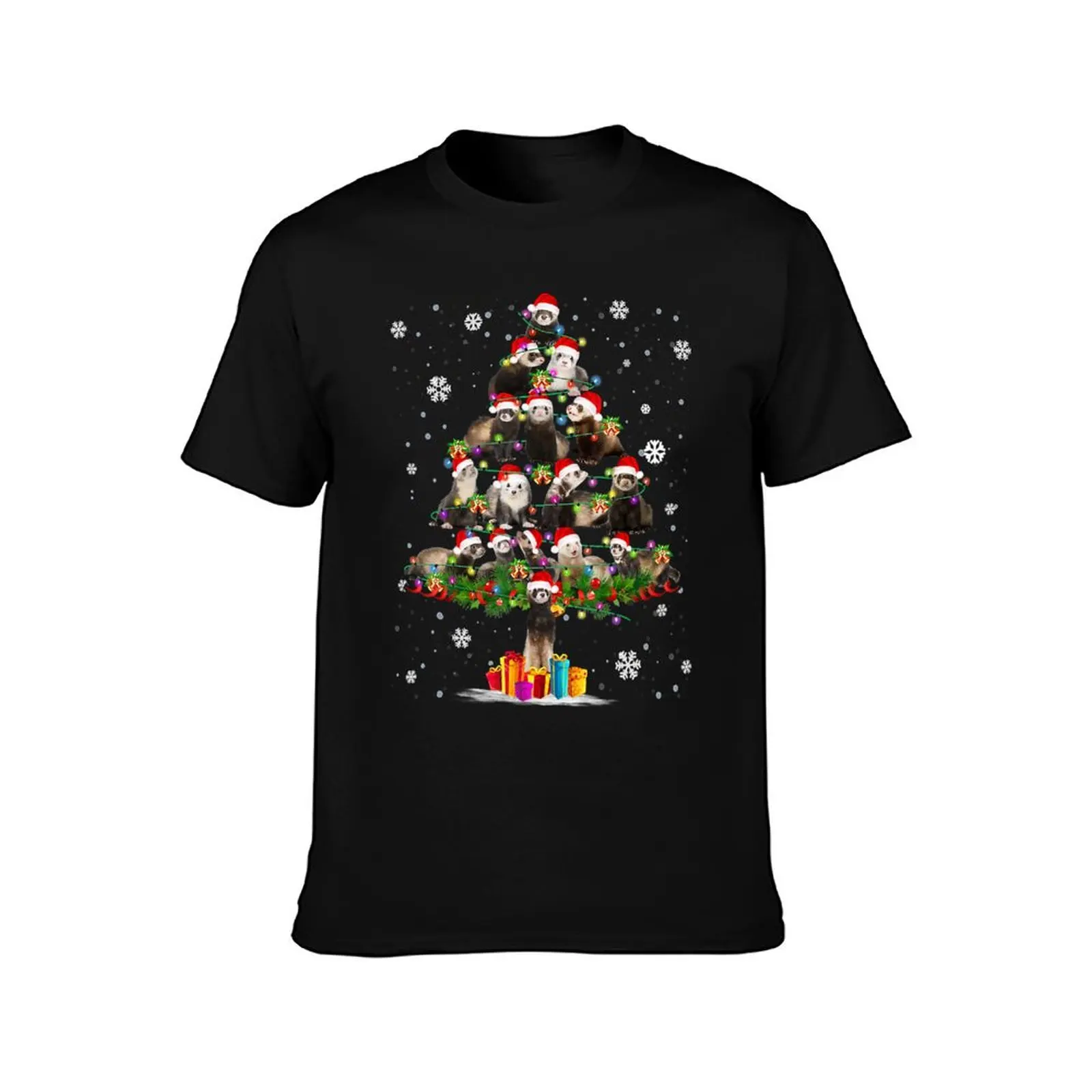 Funny Ferret Christmas Tree Light Hat In Snow Santa Xmas T-Shirt Basic Crew Neck Short Sleeve Top T-Shirt