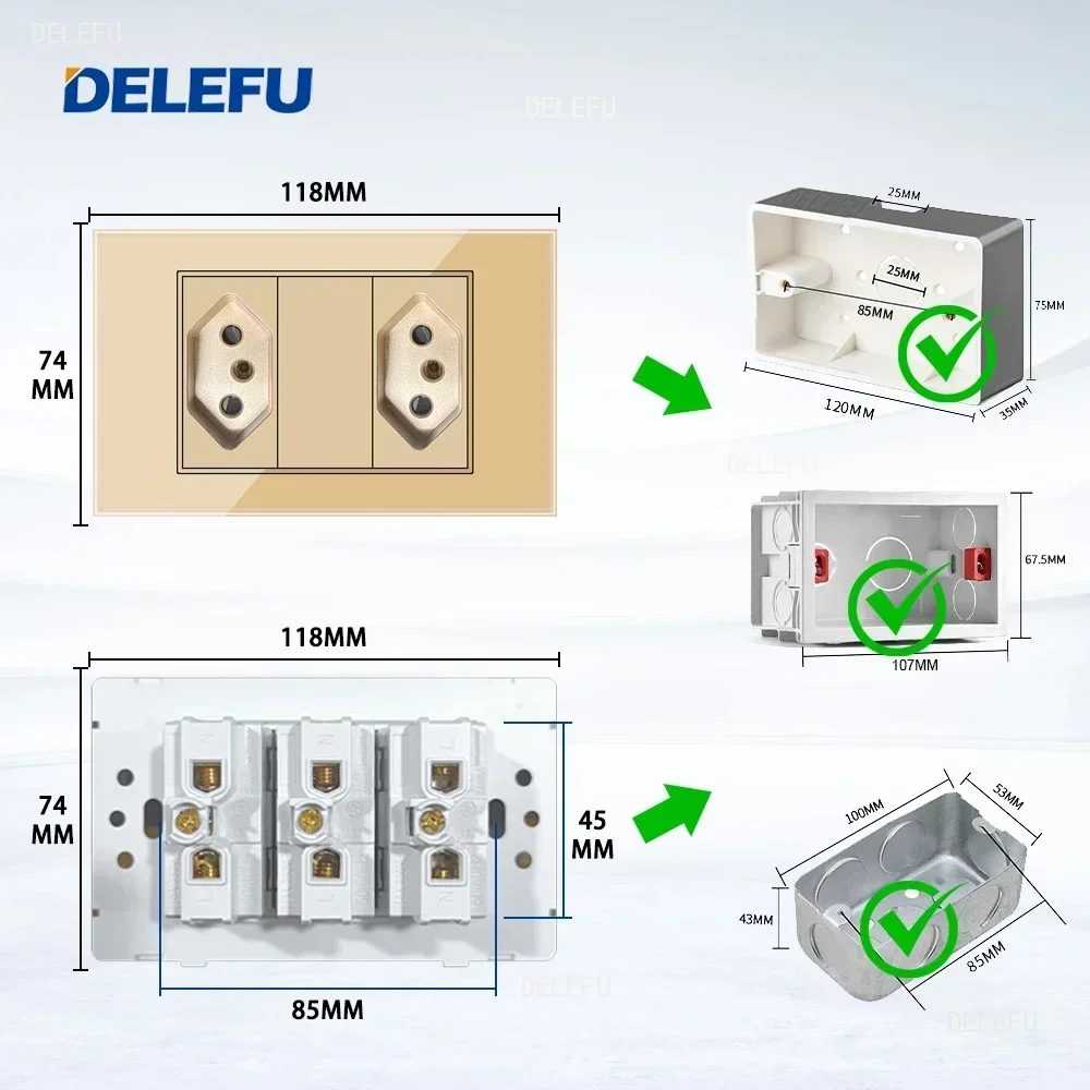DELEFU 4*2 Gold Tempered Glass Brazil Standard Outlet Dual Usb Type C Wall Socket Light Switch Switzerland 10A 20A image 3