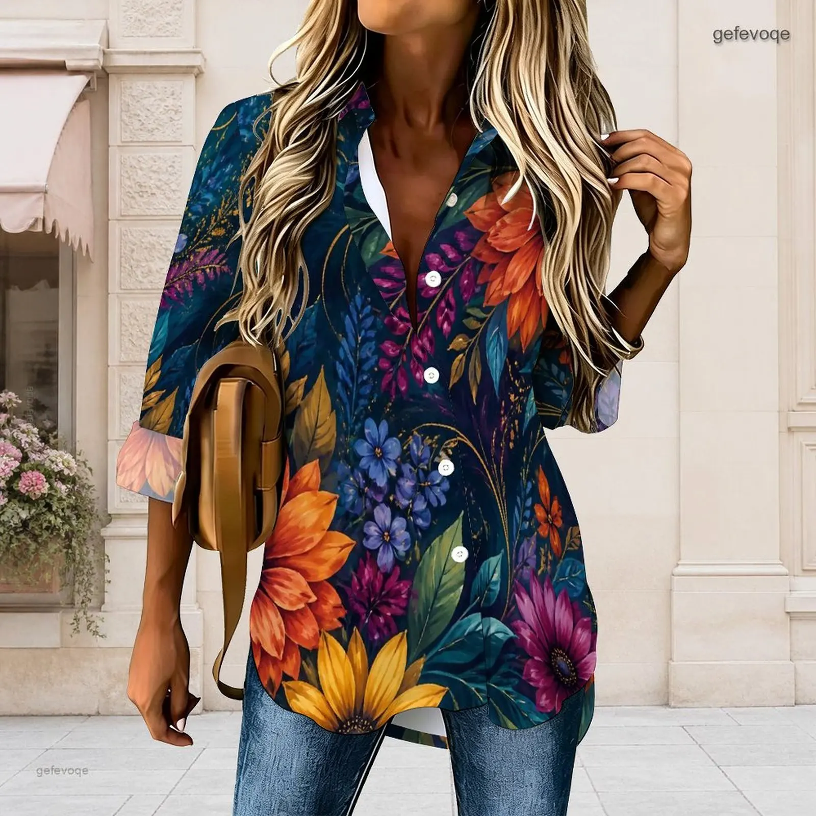 Women Dark Teal Floral Printed Collared Long Sleeve Button Front Curved Hem Shirt 4