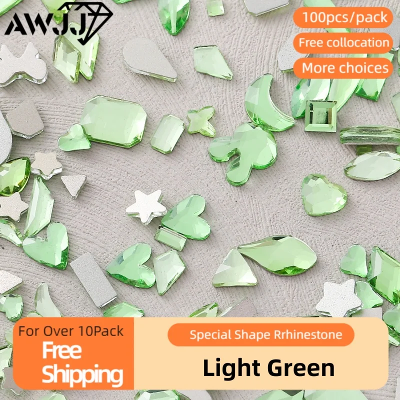 100pcs Shiny Light Green Nail Diamonds: High Quality Diverse Shapes Precision Cutting Nail Art Rhinestone Eco-Friendly & Safe