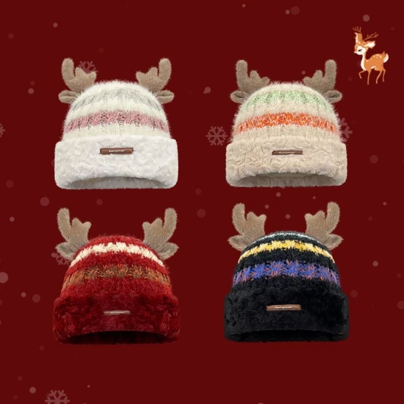 F42F Plush Knitted Patchwork Hat for Winter Warm Deer Horn Hat Christmas Themed Hat Adult Teens Trapper Hat for Cold Weather