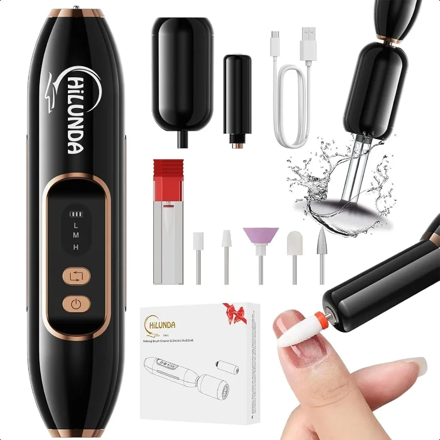 

2in1 Nail Drill Electric Nail File with Makeup Brush Cleaner hine No Bowl 1500 mAh Battery Ultra Low Noise Portable and Recharg