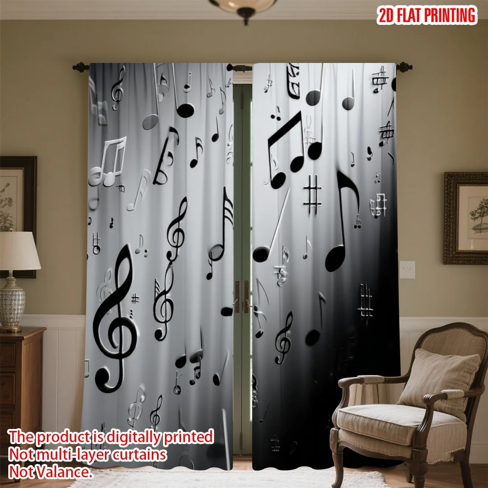 

2D flat printing 2pcs Window Treatment Curtains Musical Notes on Gray Digital Printed Polyester Drapes Family Party Decoration