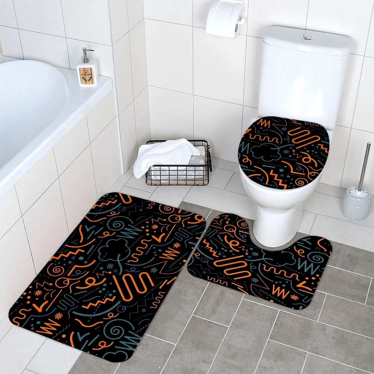 

3pcs Graffiti Pattern Absorbent Bathroom Rug Set - Washable, Non-Slip with Rubber Backing, Includes Bath Mat, U-Shaped Mat