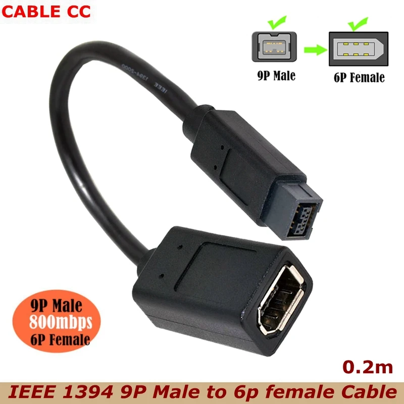 0.2M Black IEEE 1394 6Pin Female To 1394b 9Pin Female FireWire 400 To 800 Cable Adapter To Connect To A Computer Digital Camera