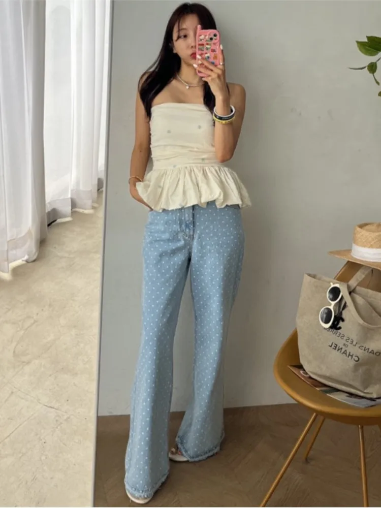 Jeans Polka Dot Print High Waist Autumn Long Straight Pant Women Loose Pleated Modis Ladies Trousers Korean Woman Wide Leg Pants