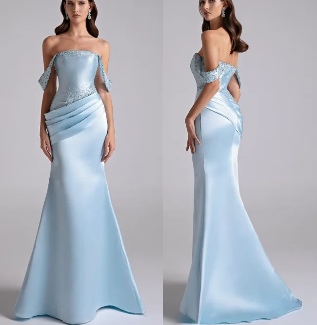 Customized High Quality Strapless Evening Dress Elegant Satin Mermaid Prom Dresses Classic Sweep Train Special Occasion Gowns