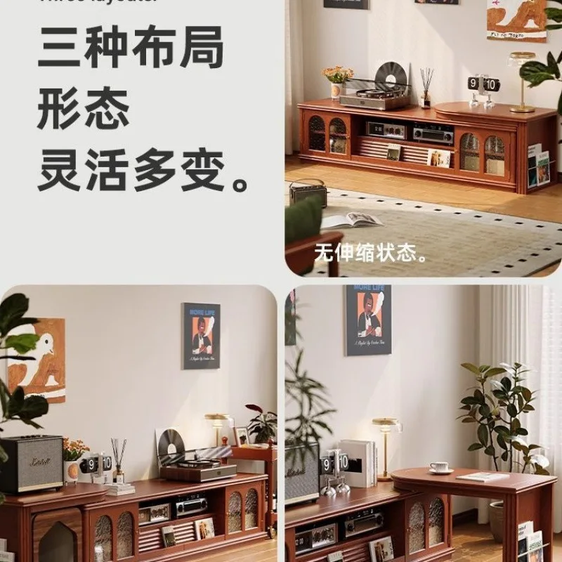 solid wood living room  coffee table combination, floor-to-ceiling cherry wood retro telescopic TV cabinet