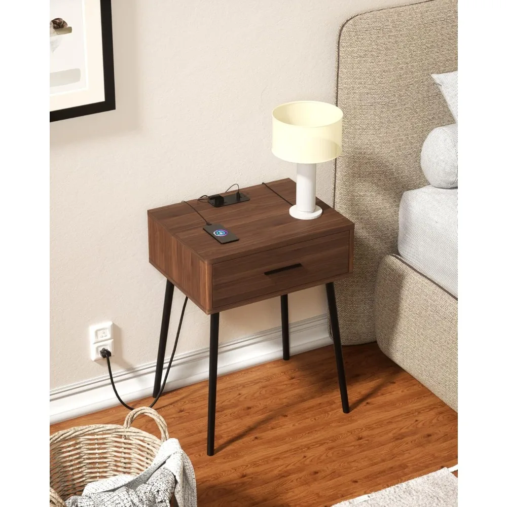 

Set of 2 Nightstand with Charging Station, End Table Modern Side Table One Drawer with Handle for Home Bedroom, nightstands