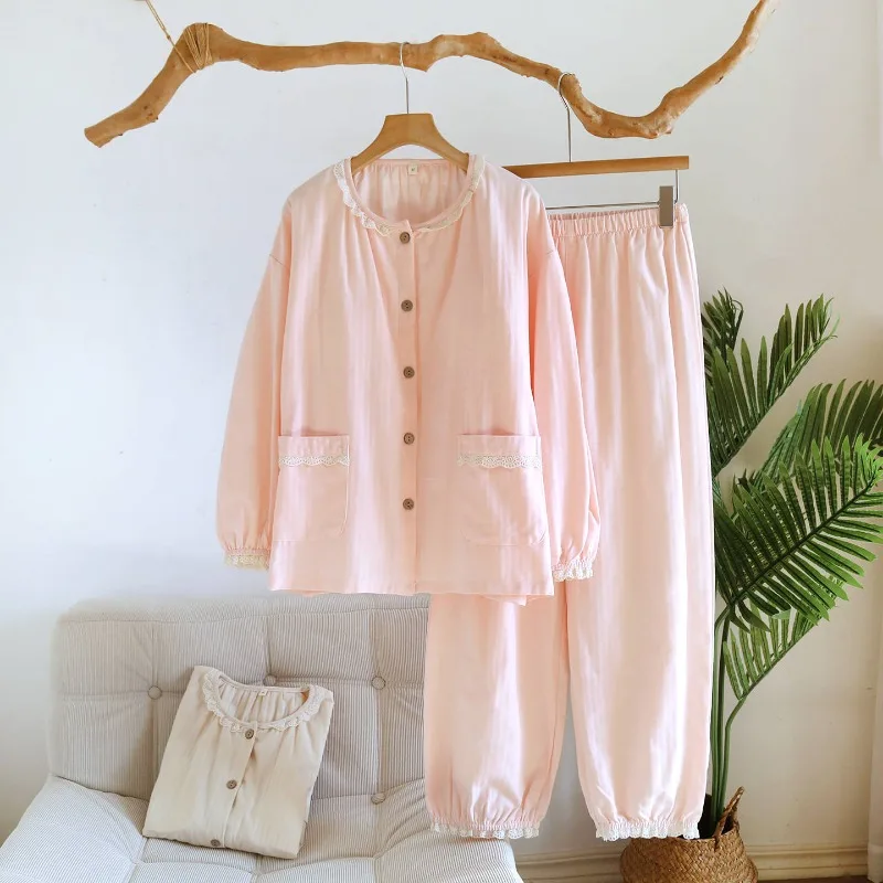 

Новый женский пижамный комплект Весна/Лето 2026, 100% хлопок, однотонный, с кружевной отделкой и вставкой на груди, комплект из двух предметов для дома и сна