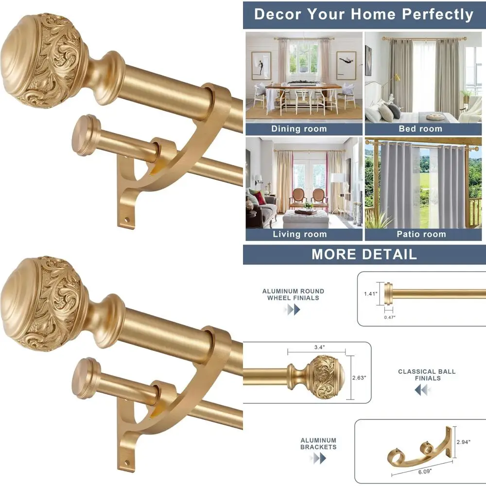 

Telescoping 1 Drapery Rod, 72-144, Warm Gold, Premium Aluminum Brackets, Classical Ball Finials