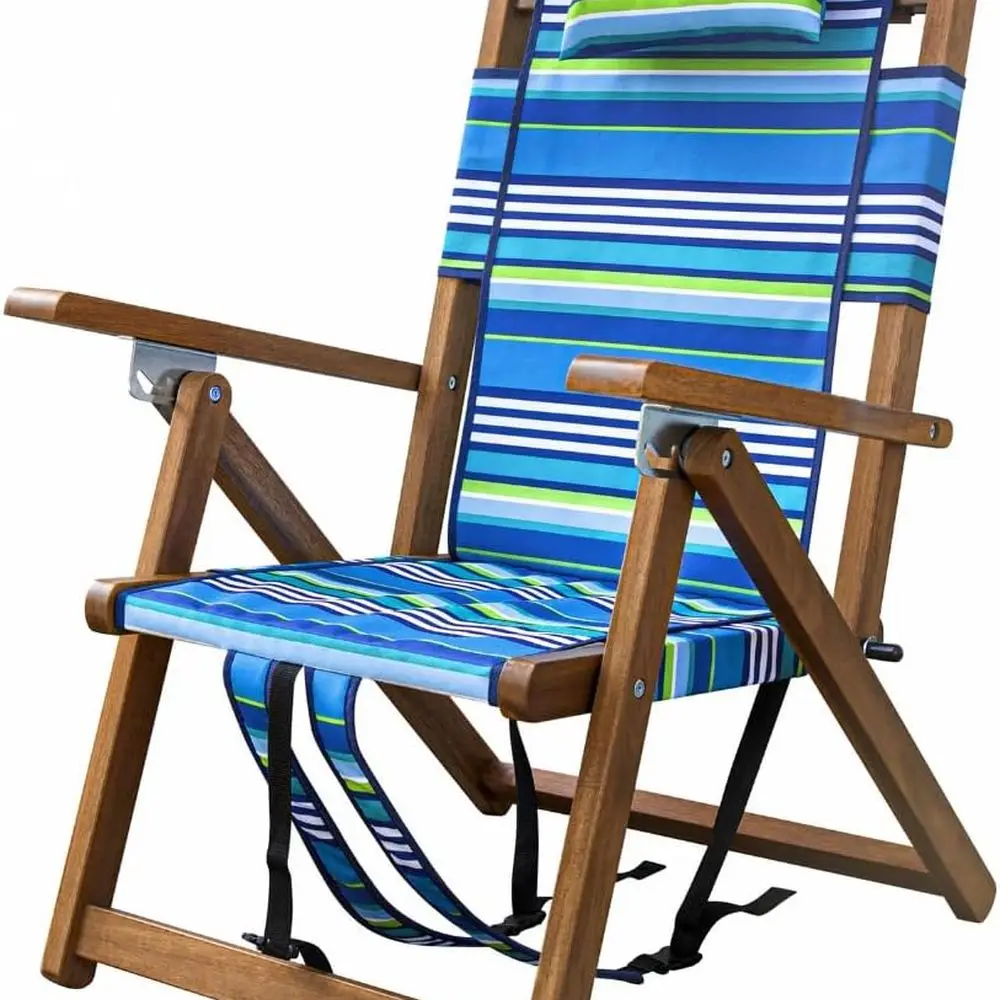 كرسي خارجي قابل للطي من خشب السنط مع 3 أوضاع، مقعد حبال، وسادة، جيب بسحاب، حزام حمل - سعة 225 رطلاً لـ #1
