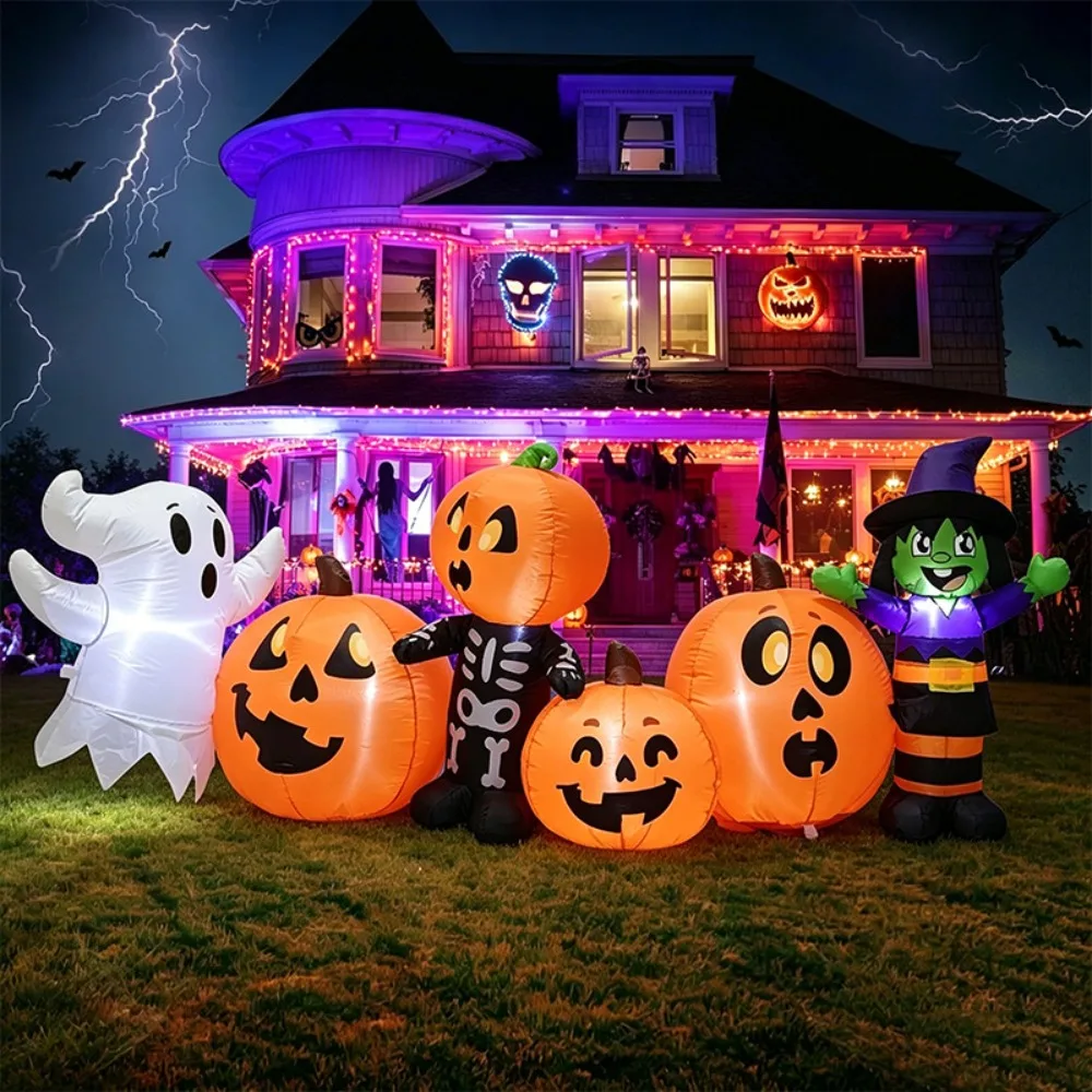 2.4-Meter Inflatable Halloween Ghost, Pumpkin, Skeleton, and Cartoon Witch Outdoor Garden Decoration with LED Lights