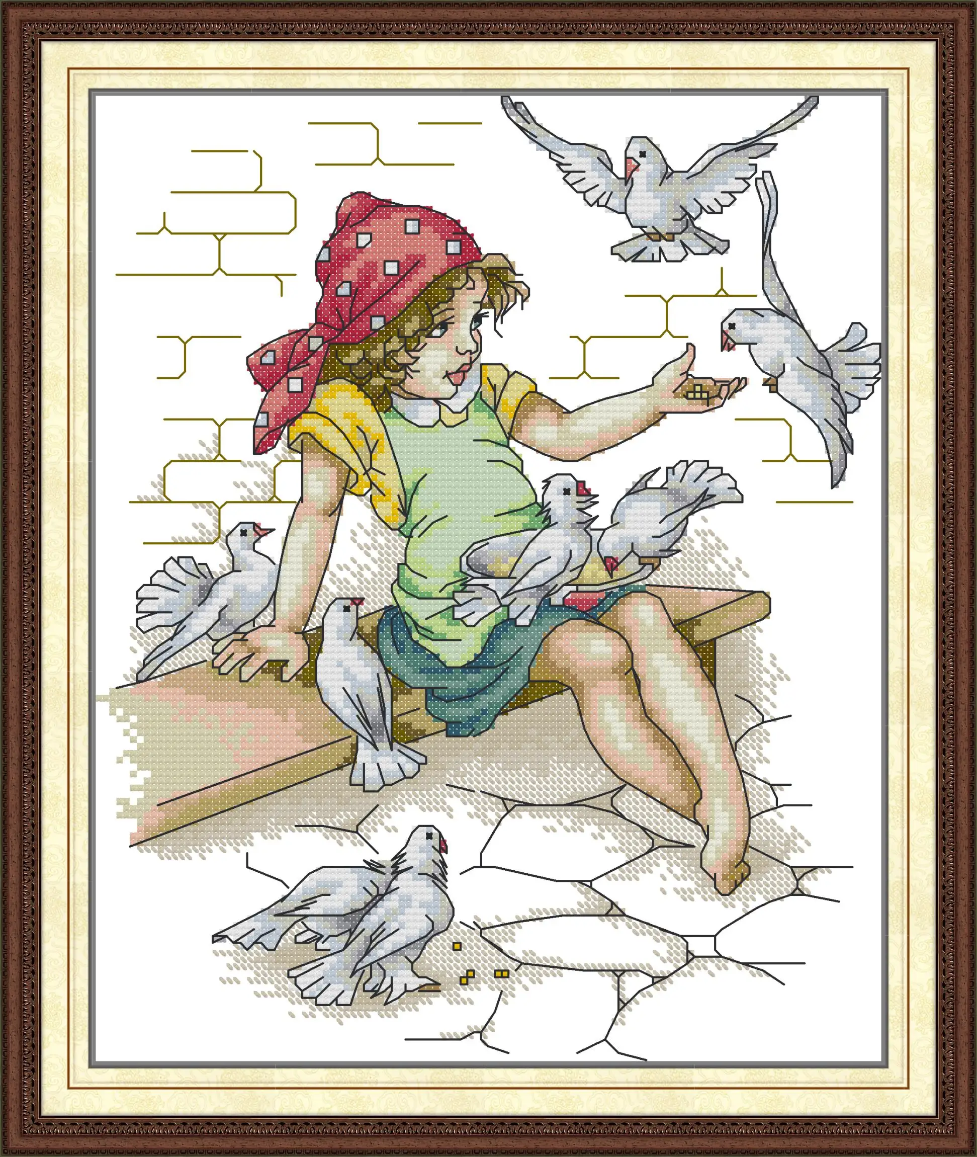 

Maydear Cross Stitch Kit, 11CT/14CT/16CT/9CT Aida Fabric,DMC Threads Sewing Pattern Embroidery Set-Little girl feeding pigeons