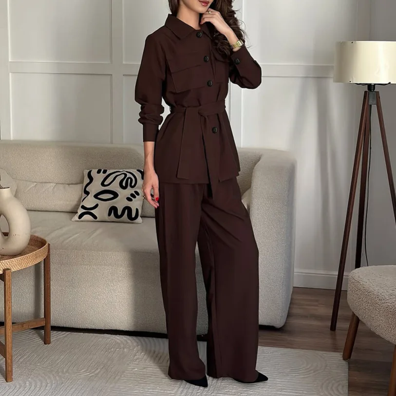 

Versatile and Sophisticated Long-sleeve Collared Waist-cinching Slim-fit Women's Fashion Casual Set