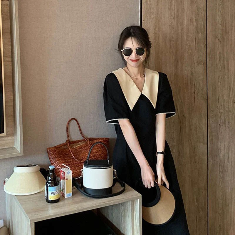 French Women Short Sleeve Peter Pan Collar Mid-calf Dress Cute Elegant Hit Color Slim Fit A-line Fashion Casual Dresses Black