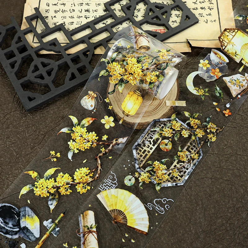 

7cm*2m/Roll Vintage Osmanthus Floral PET Tape Chinese Watercolor Osmanthus Decorative Tape For Sticker Scrapbooking Journal